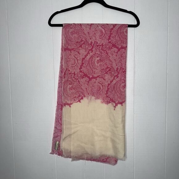 By Malene Birger Women’s Rectangle Scarf Wrap Paisley Pink Ivory Fringe Trim - Picture 1 of 4